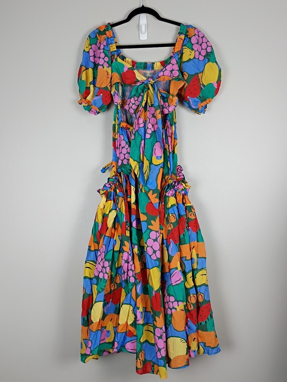 FARM Rio Multicolor Fruit Landscape Smocked Puff Sleeve Midi Dress Size Medium - Picture 3 of 14